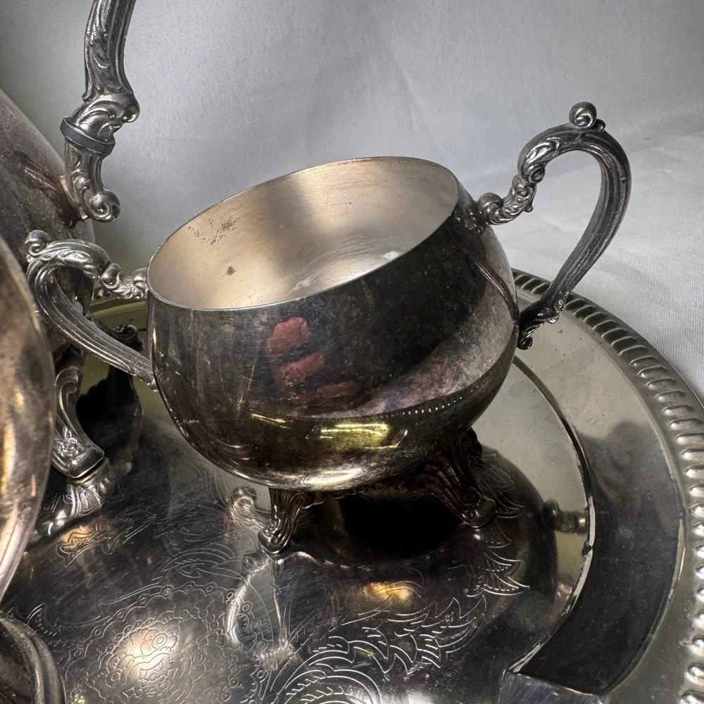 Vintage Oneida Silver Plate Tea Coffee Service Set with Etched Serving Tray 5pc